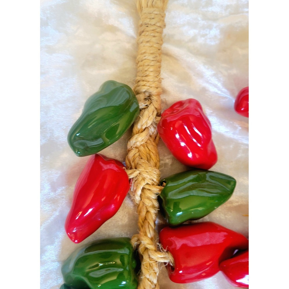 Vtg Ceramic Chili Pepper Ristra Set Jute Rope Red Green Southwestern Kitchen 13" - Picture 3 of 6